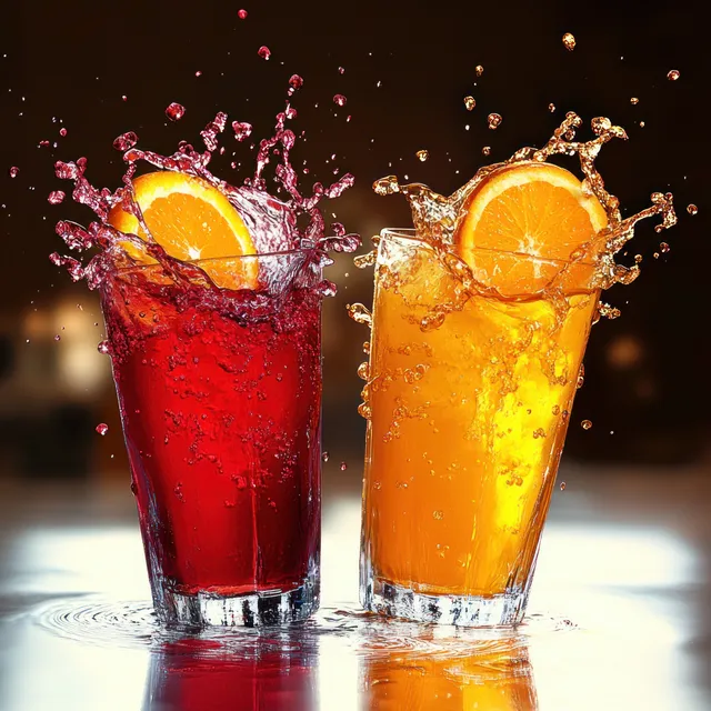 Two citrus glasses of red and orange juice with splashing liquid and fruit slices