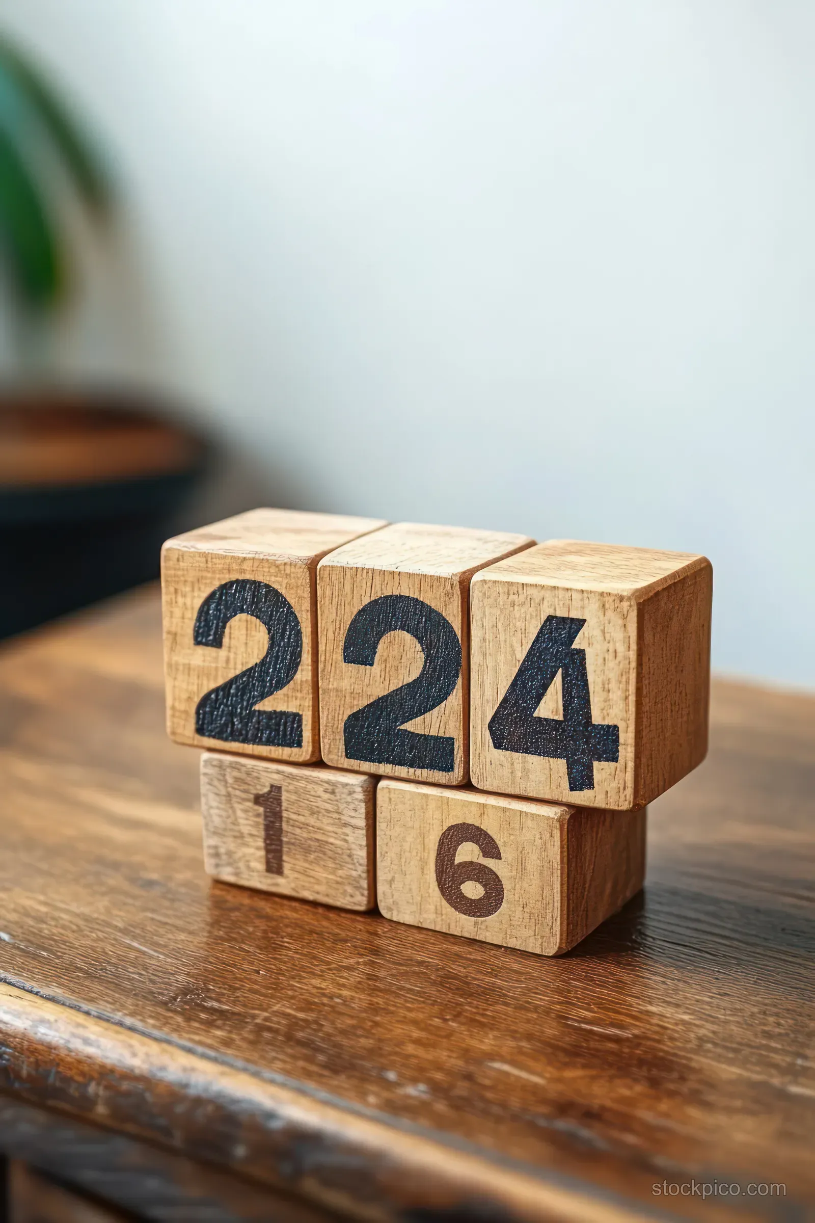 Wooden blocks with painted numbers stacked on a rustic wooden table in natural light.
