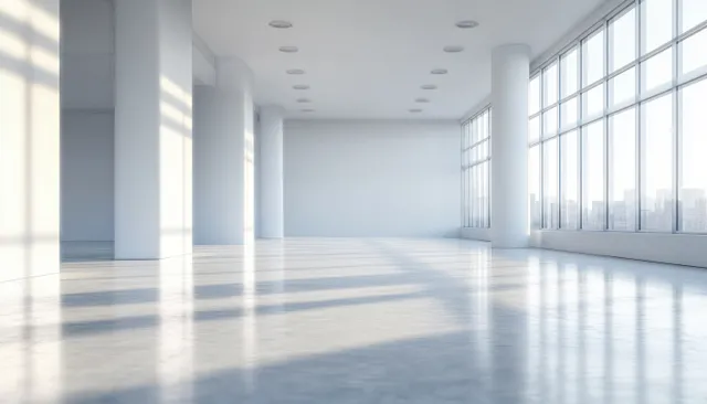 Empty office interior with white pillars, floor-to-ceiling windows, and daylight reflections on a polished floor.