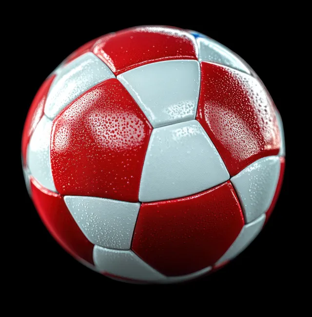Glossy soccer ball with red and white Danish flag pattern in an angled close-up with reflections on a dark background.