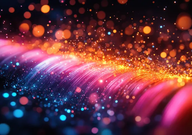 Glowing fiber optic strands weaving through a cyberpunk data tunnel with colorful bokeh lights