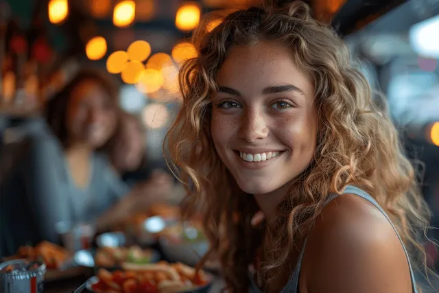 Smiling young woman enjoying street food at a bustling evening food truck festival