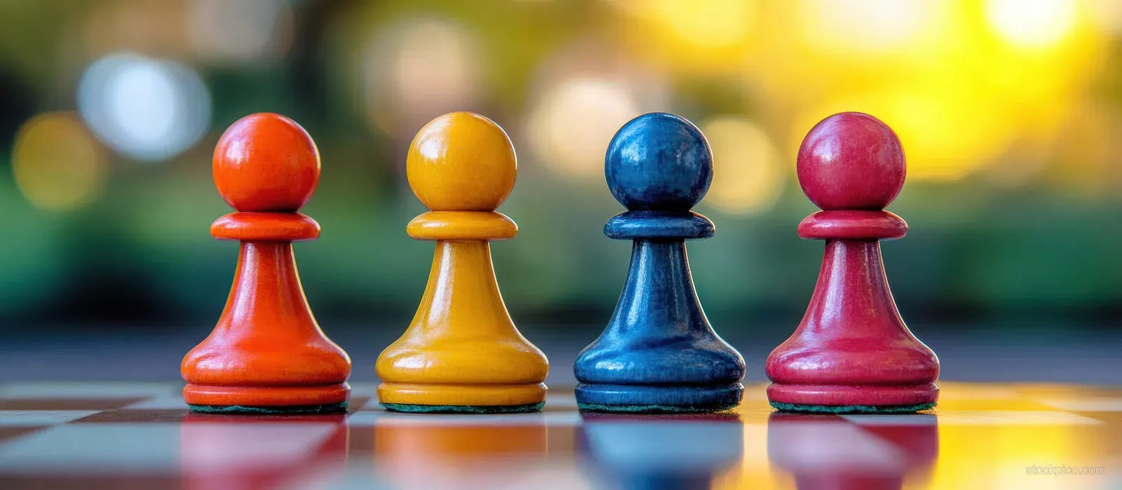 Four colorful wooden chess pawns in a row on a glossy chessboard with a blurred green and yellow background.