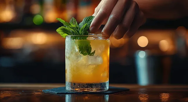 A hand adds mint leaves to a lime iced cocktail in a glass on a dimly lit bar counter.