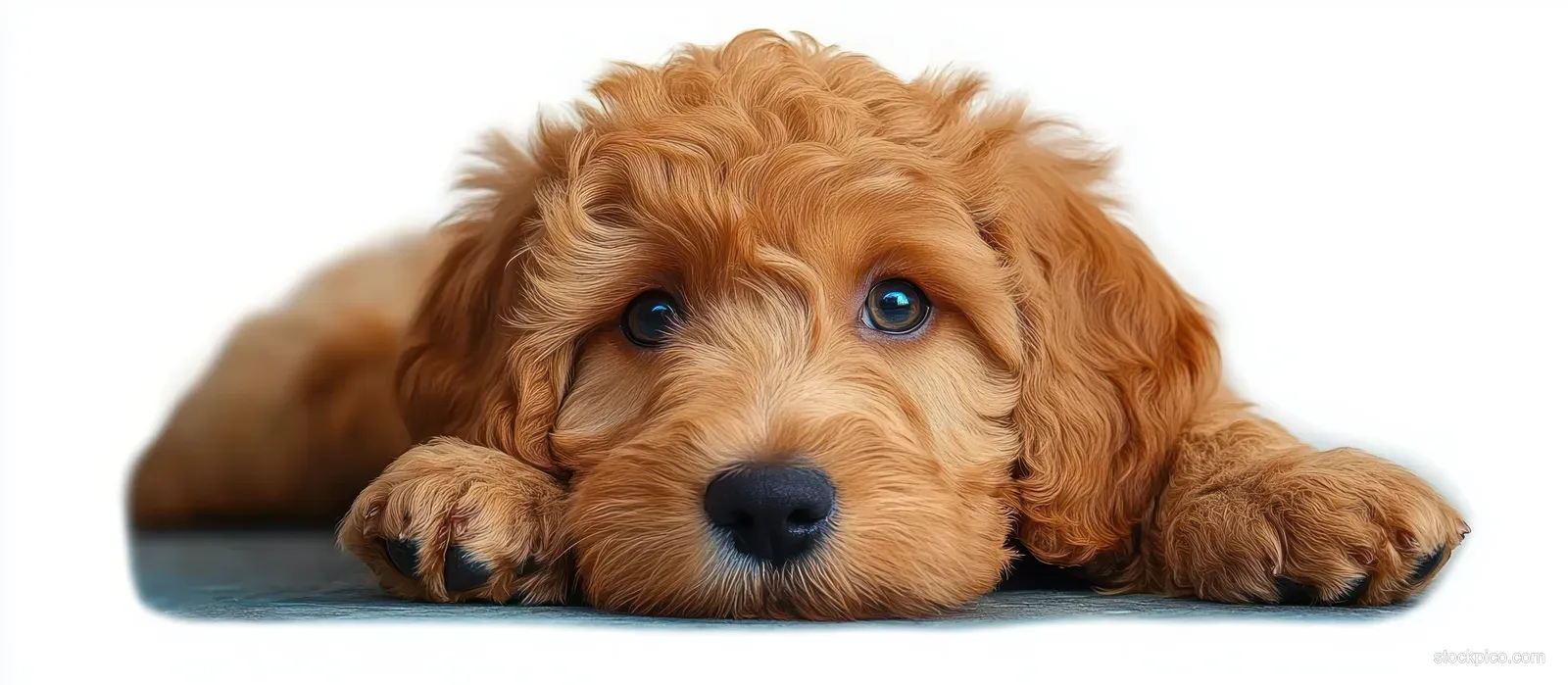 Golden retriever puppy resting with paws stretched out on a smooth surface, calm and relaxed.