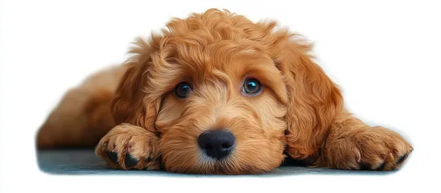 Close-up golden retriever puppy resting on smooth surface with paws stretched forward