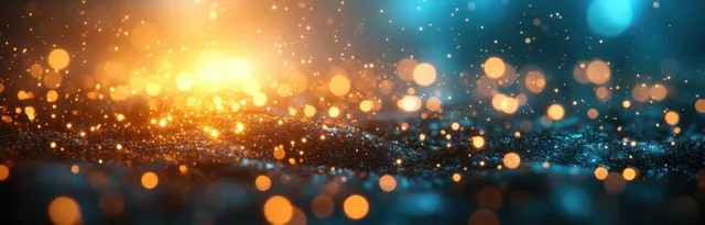 Turquoise bokeh lights glow with warm sun flare, abstract festive background scene