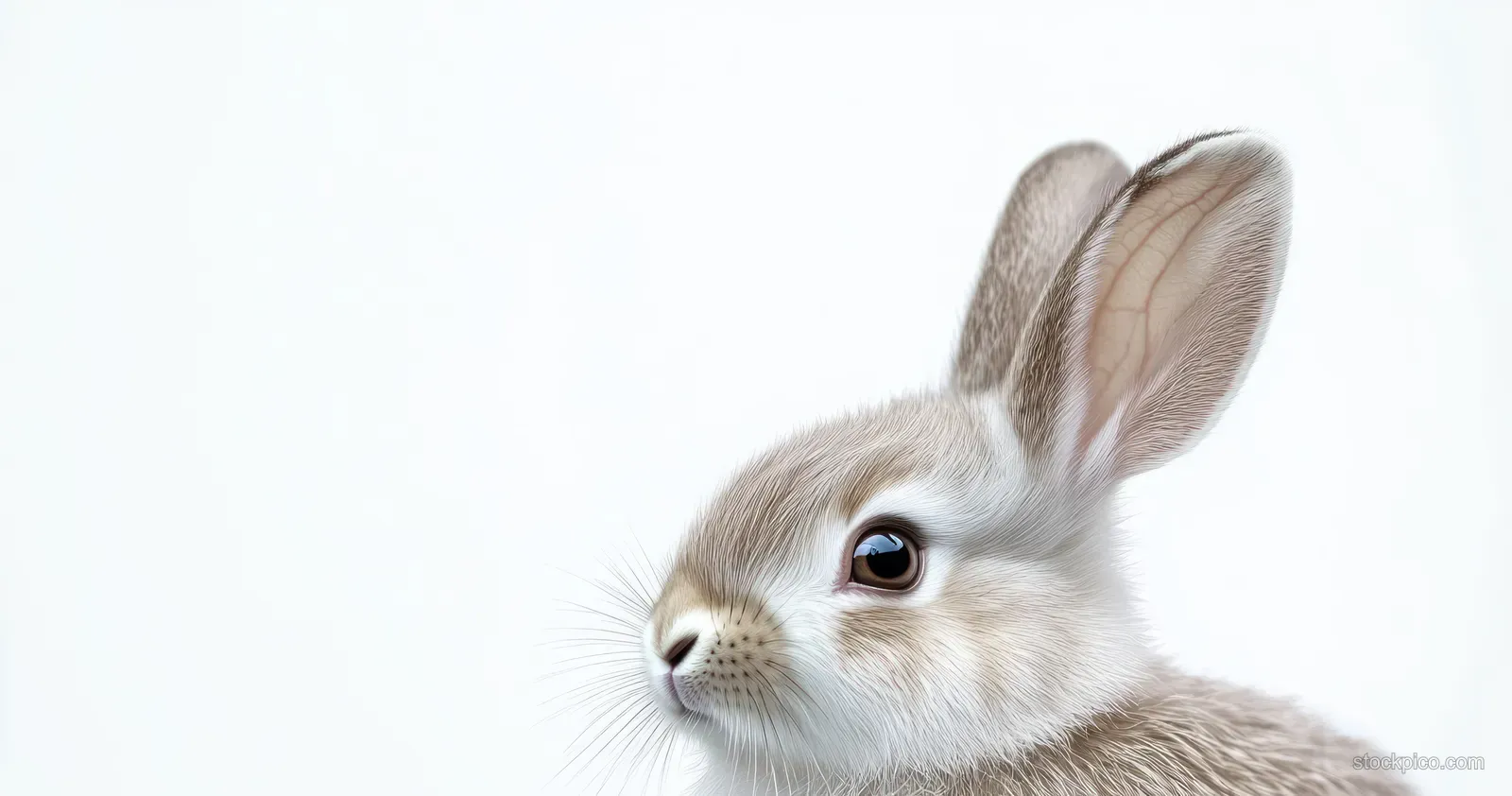 Close-up of a light gray Easter bunny rabbit portrait with visible whiskers and fur texture on a white background.