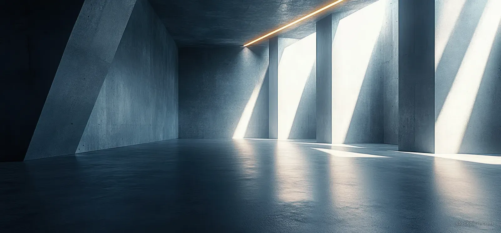 Empty concrete corridor interior with angular walls and overhead strip lights creating long geometric shadows on a reflective floor.