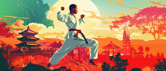 A karateka performs a kata pose in front of stylized Indonesian temples under a vivid sunset skyline.