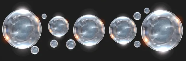 Multiple glossy soap bubbles clustered together on a dark background with visible light reflections.