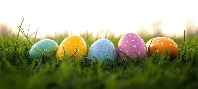 Colorful Easter eggs with polka dots nestled in fresh green grass under bright backlight