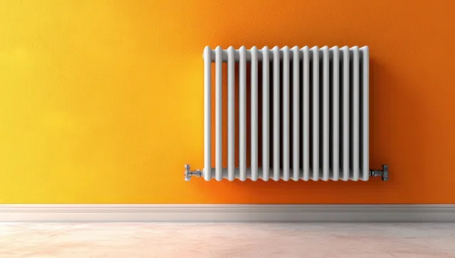 White minimalist radiator mounted on an orange wall with warm sunlight shadows on the floor.
