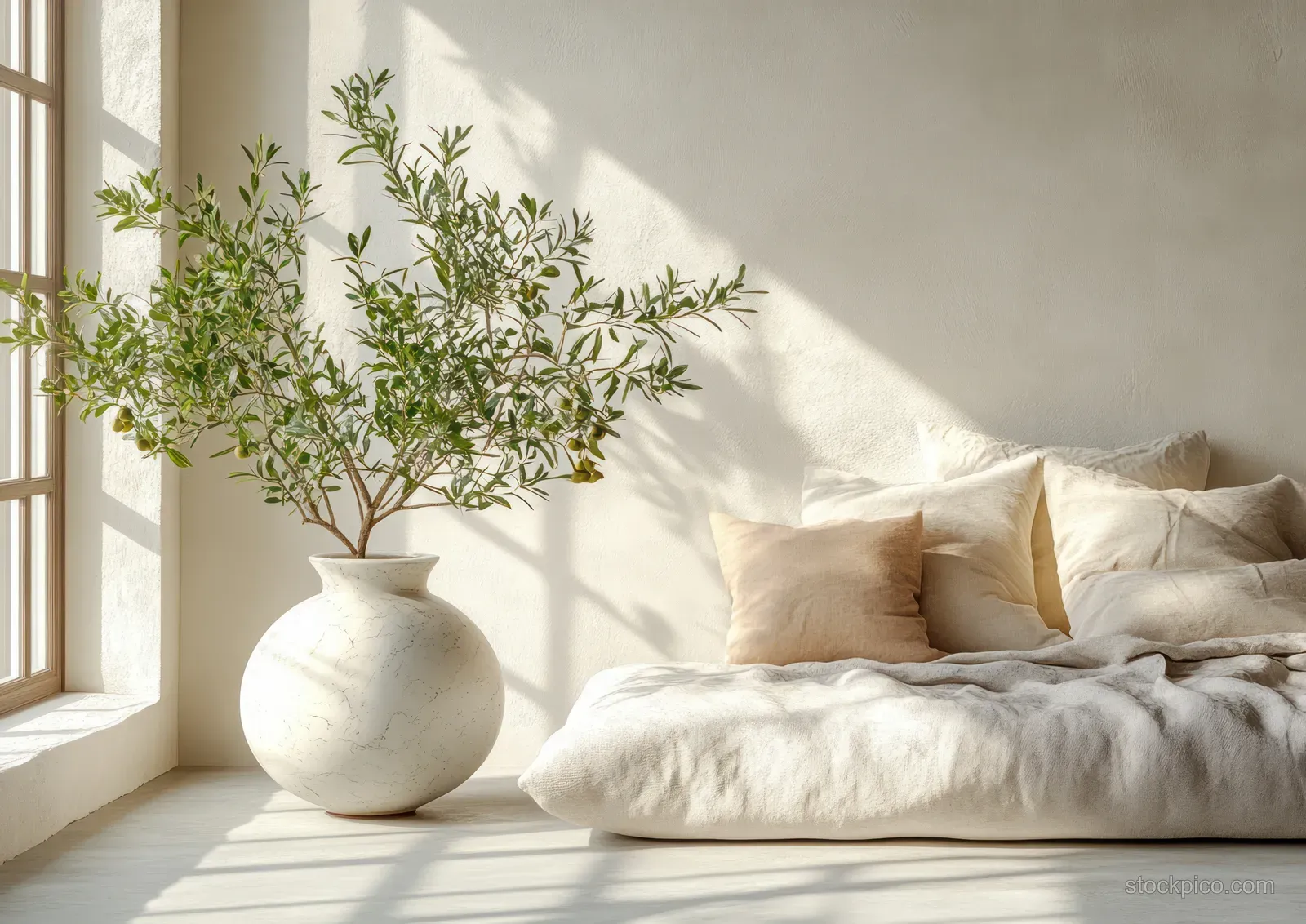 White vase with an olive tree near a soft marble lamp and folded linens on a sunlit neutral couch.