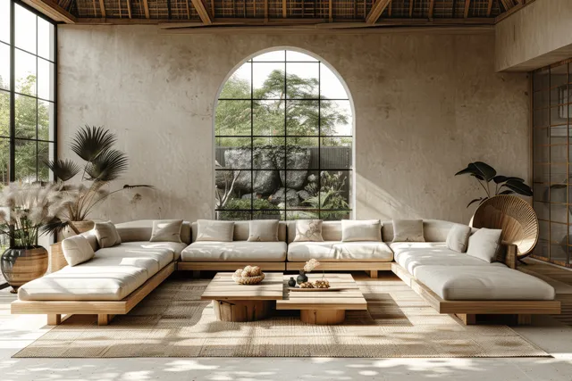 Japandi living room with beige walls, an arched window, and low wooden sofas with sunlight across a rug.