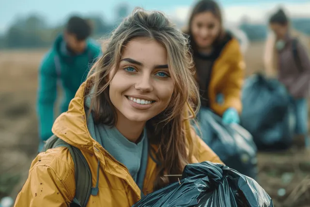 A young volunteer in yellow jacket and blue gloves collects litter while others sort trash bags in an outdoor park cleanup.