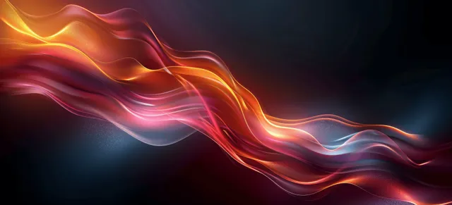 Glowing flame-like ribbons sweep across a dark abstract background
