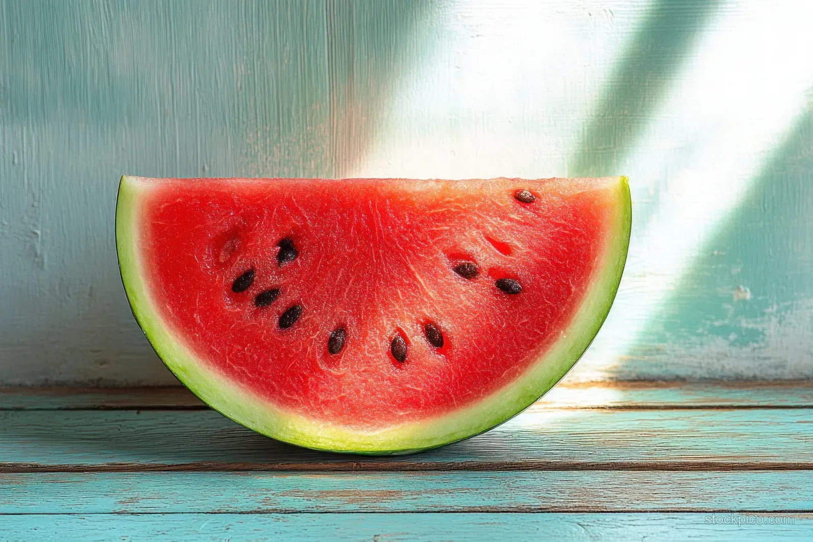 Juicy watermelon slice on a weathered wooden table with sunlight casting a shadow against a blue background.