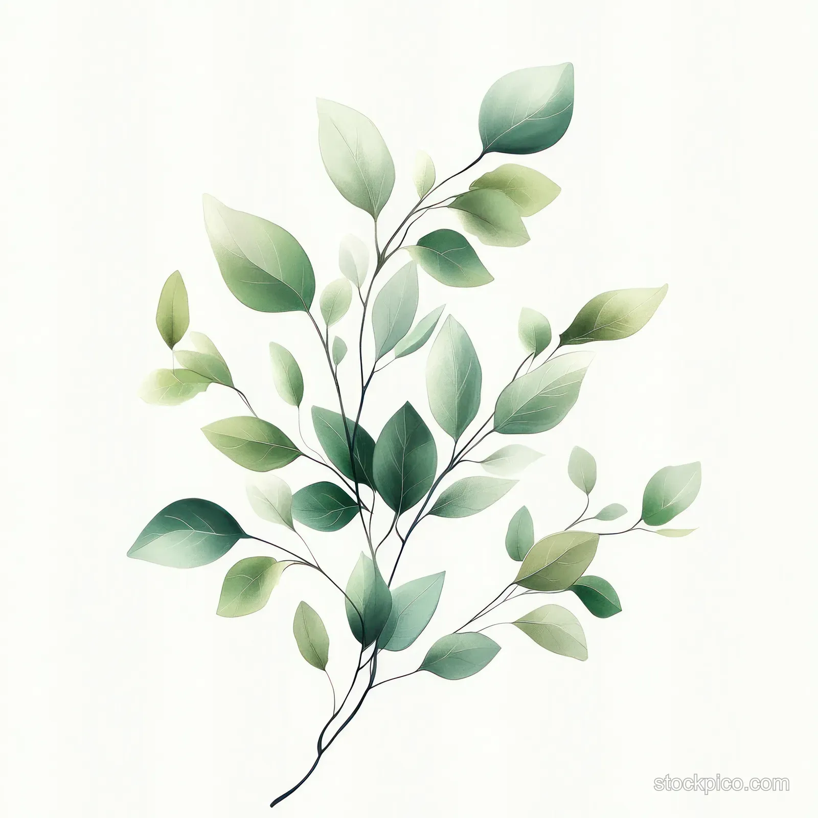 Watercolor green leafy branch with delicate stems on a pale background.