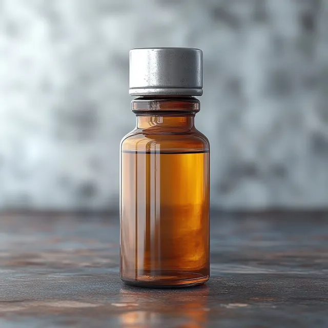 Small amber glass bottle with silver screw cap standing on a textured surface against a blurred background.