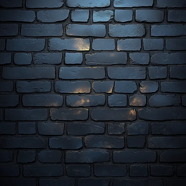 Close-up of a dark blue painted brick wall with rough texture and faint golden light reflections.