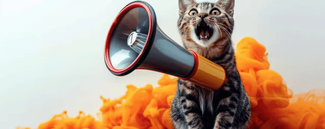 A tabby cat wearing a playful look shouts through a red megaphone against an orange retro burst.