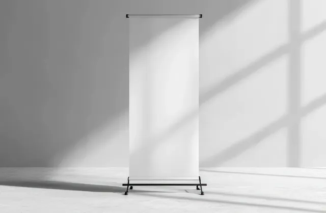 Blank white roll-up banner on a black stand casting window shadows on a smooth grey concrete floor.