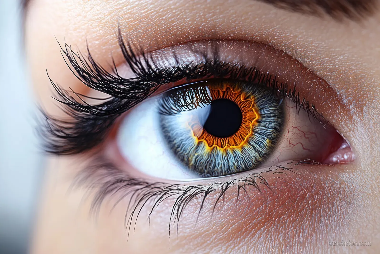 Close-up of a woman’s eye showing long false eyelashes, eyeliner, and a detailed colorful iris.