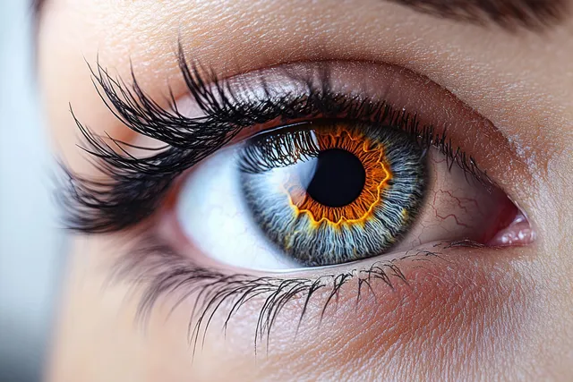 Close-up of a woman’s eye with long false lashes and detailed makeup.