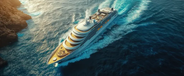 A luxury cruise ship sails diagonally across deep blue ocean waters from an aerial top view.