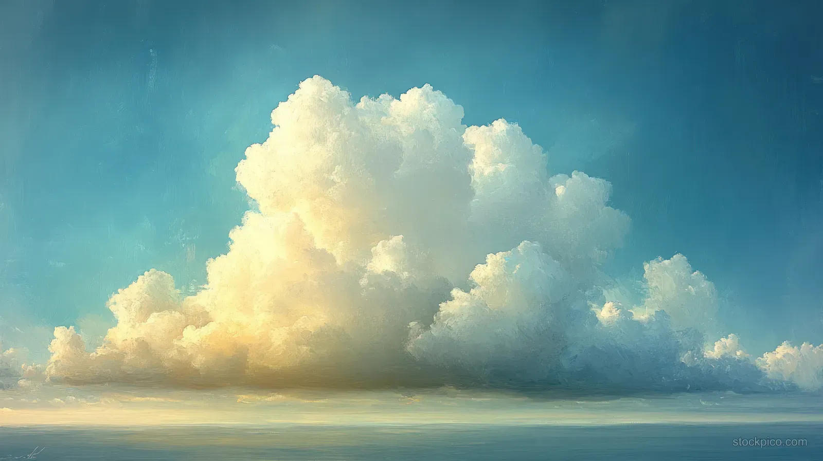 Painterly impressionist clouds glow over a calm ocean horizon under blue morning sky.