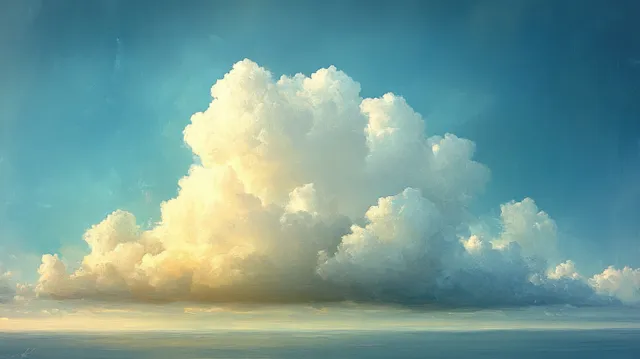 Painterly impressionist clouds glow over a calm ocean horizon under blue morning sky.