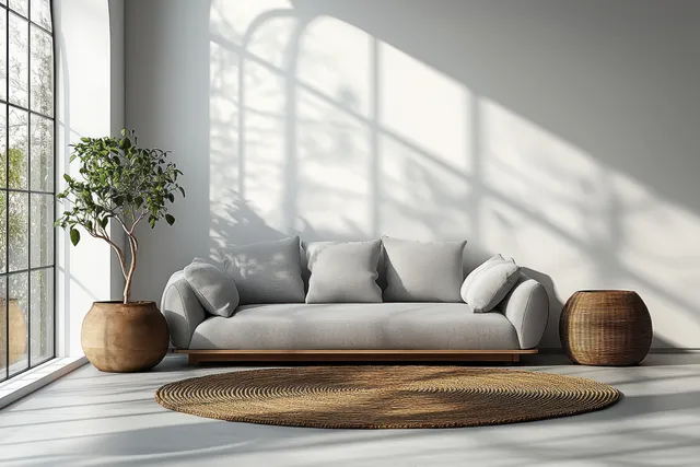 Sunlit minimalist living room with gray sofa, wooden side table, and a potted plant beside a large window.