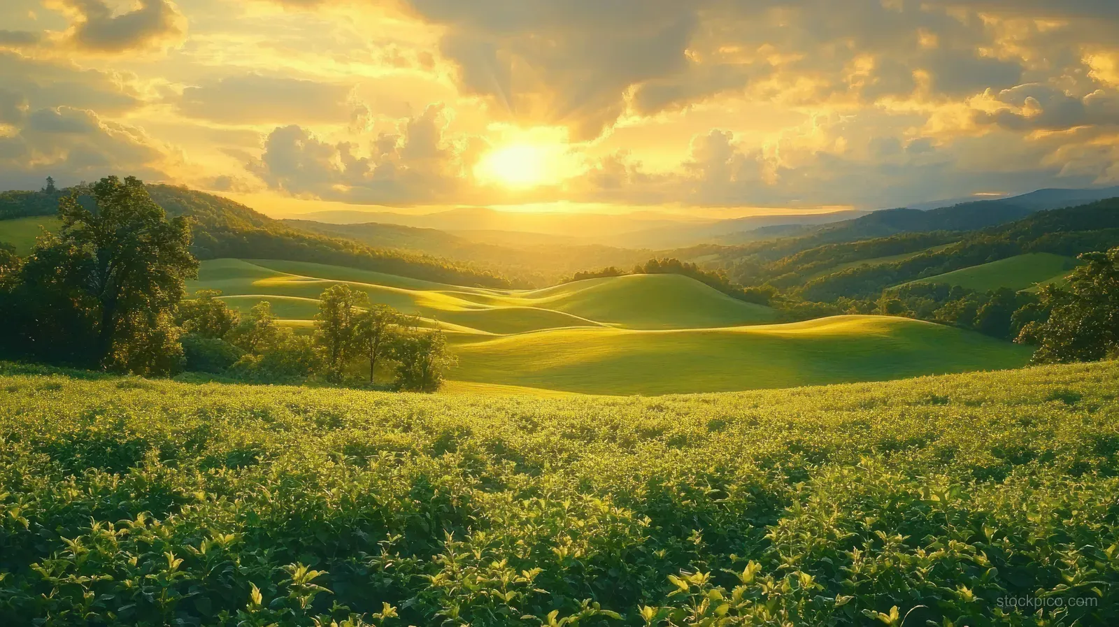 Golden sunset illuminates rolling green hills and scattered trees under partly cloudy skies.