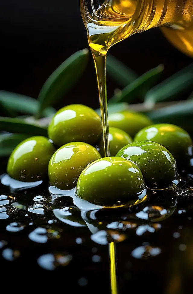 Fresh green olives glisten as golden olive oil pours over them against a dark reflective surface with blurred olive leaves.