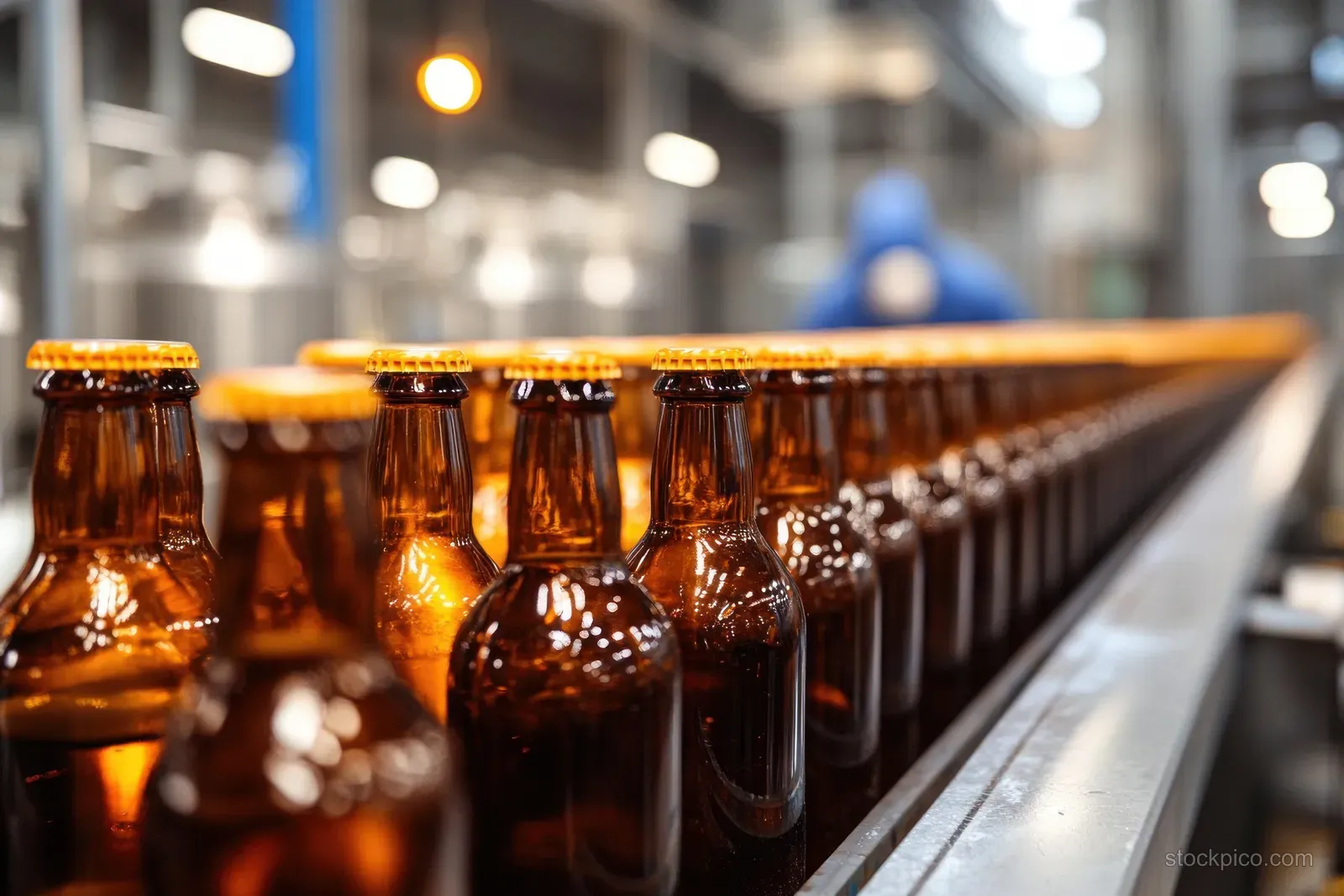Amber glass bottles with yellow caps line a conveyor bottling production lane under industrial lights.