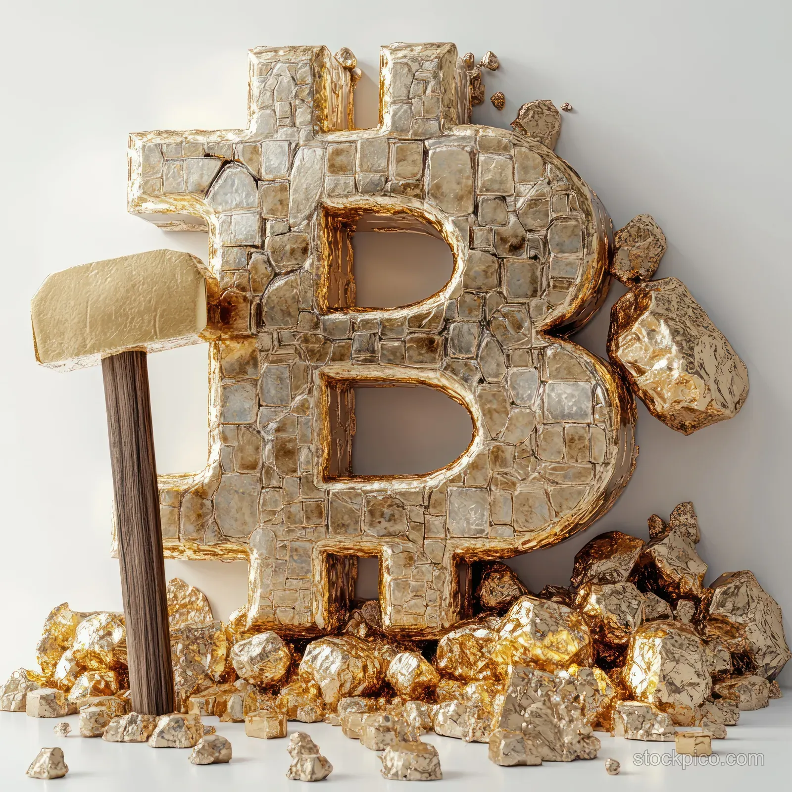 Gold Bitcoin symbol formed from cracked nuggets with scattered stones and a pickaxe-like tool nearby.