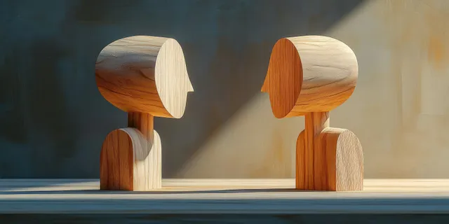 Two stylized wooden human face sculptures on a flat surface facing each other under soft natural light.