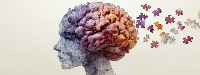Profile silhouette of a human head filled with a brain illustration as puzzle pieces scatter outward on a light background.