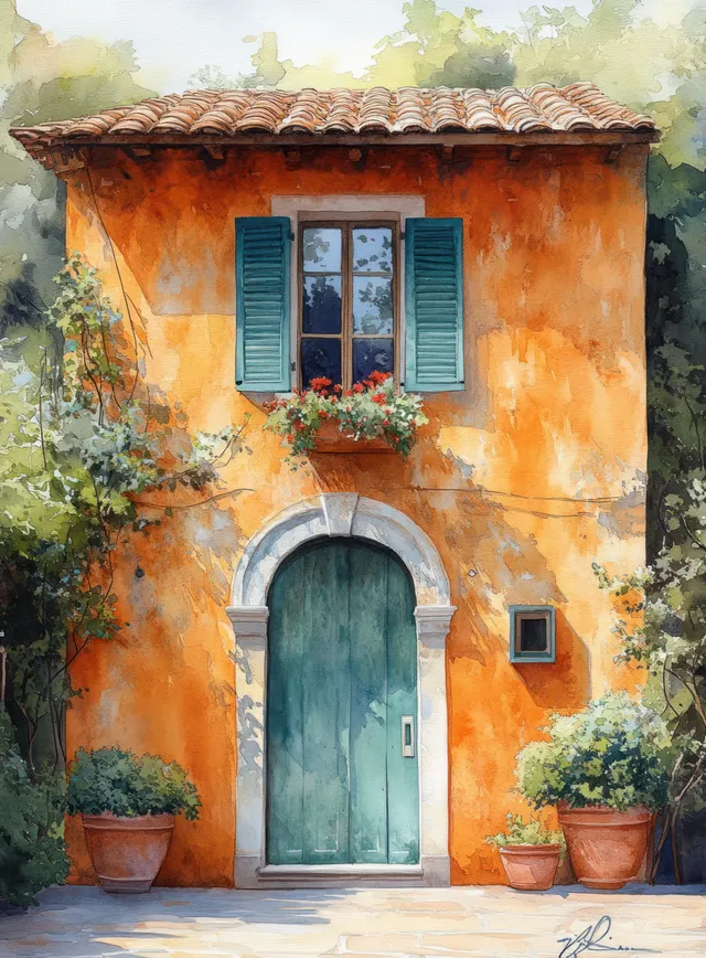 Watercolor painting of an orange Mediterranean building with a turquoise door, green shutters, potted plants, and dappled sunlight.