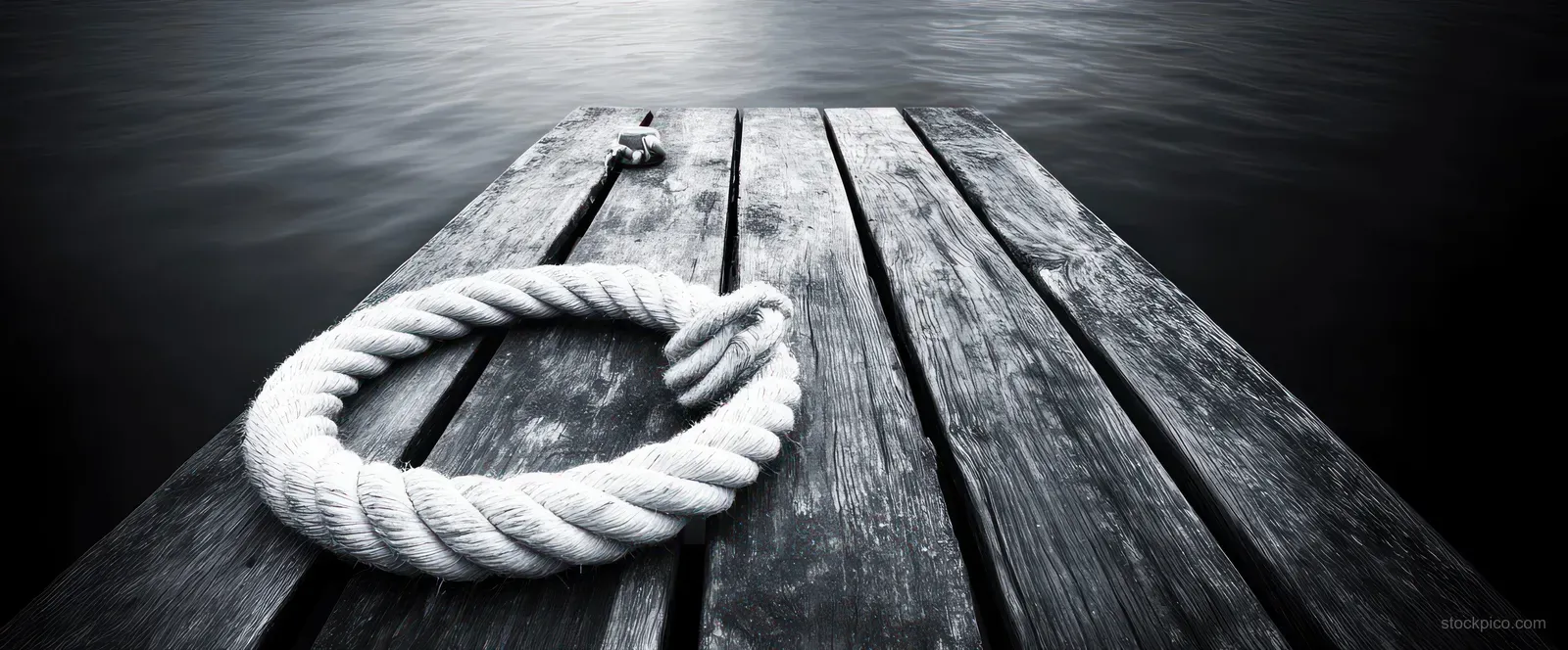 Coiled white rope is tied to a wooden dock cleat beside dark harbor water.