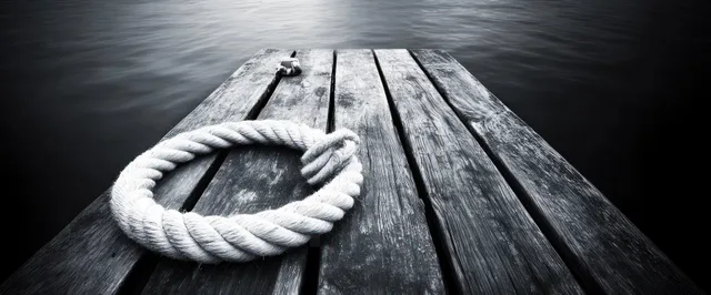 Coiled white rope is tied to a wooden dock cleat beside dark harbor water.