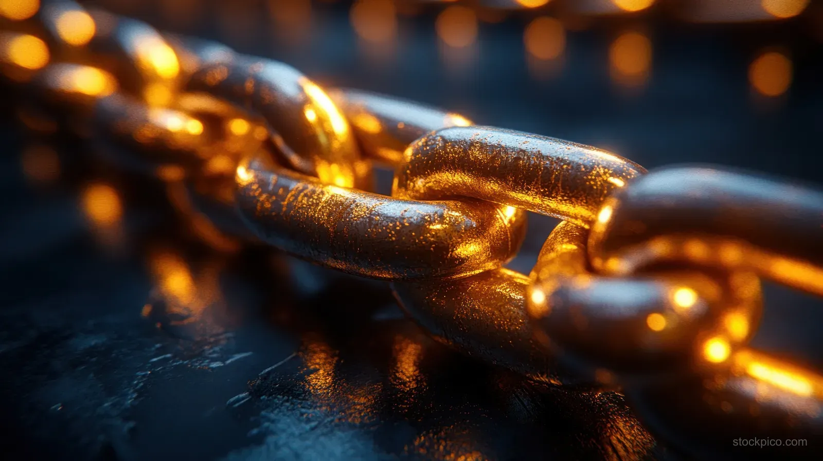 Interlocked golden chain links with reflective highlights appear in a dark, blurred background.