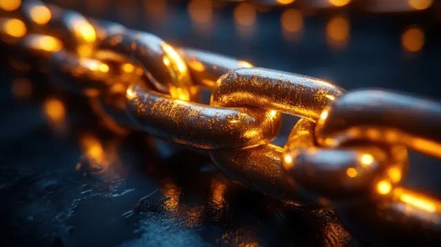 Golden metal chain links with close-up reflections and glowing highlight in dark background
