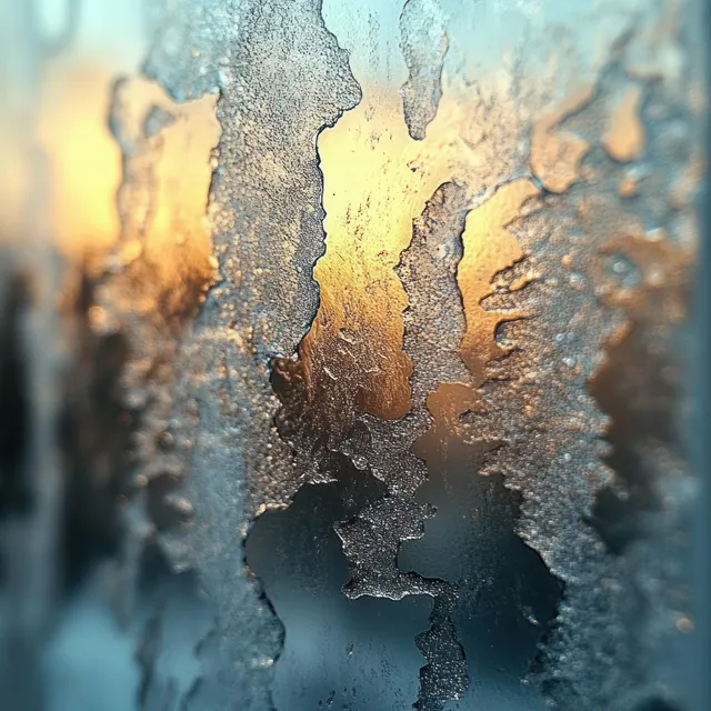 Melting ice and frost textures cling to a glass surface while golden sunlight glows through.