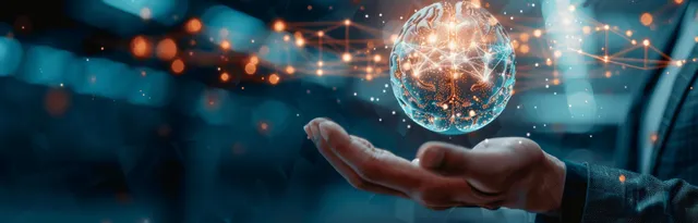 A businessman holds out his hand toward a glowing holographic brain sphere with network lines in a futuristic office.