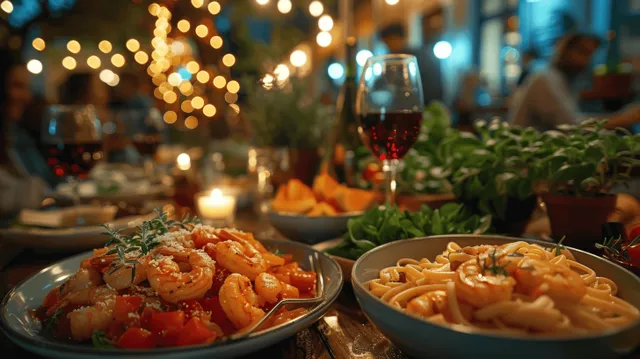 A cozy Italian restaurant scene with fresh pasta, shrimp, vibrant salad, and guests enjoying red wine in a lively atmosphere.