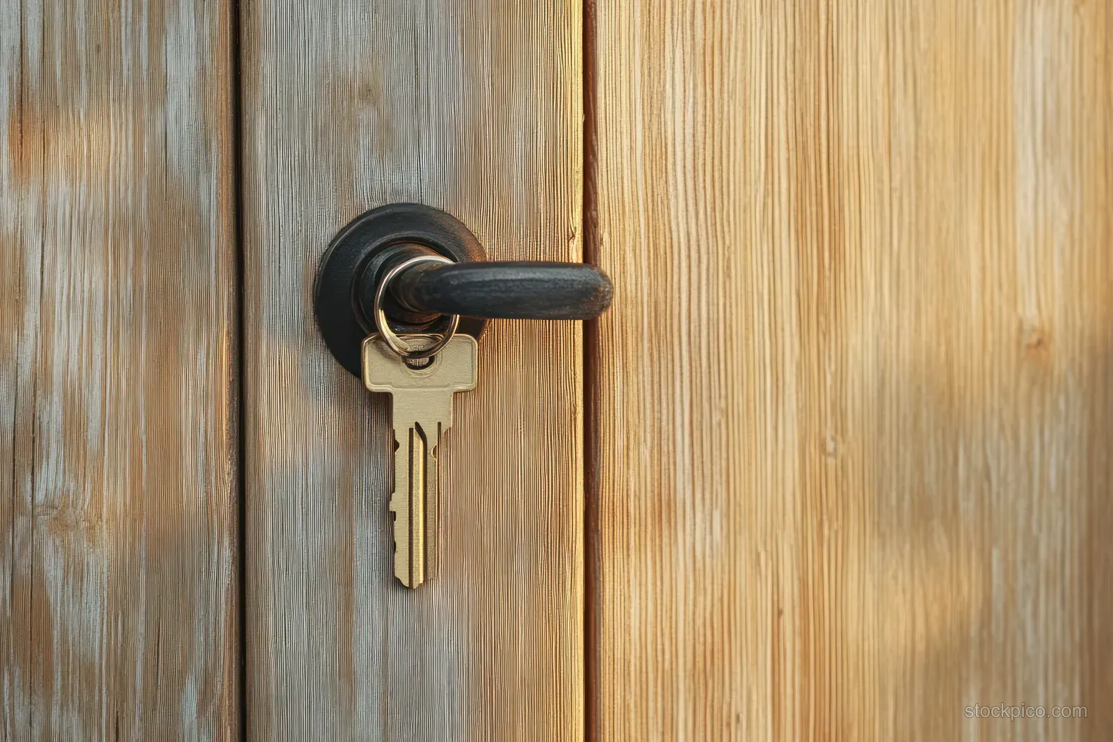 A brass key is inserted in a black door handle on a wooden door with warm sunlight and soft shadows.