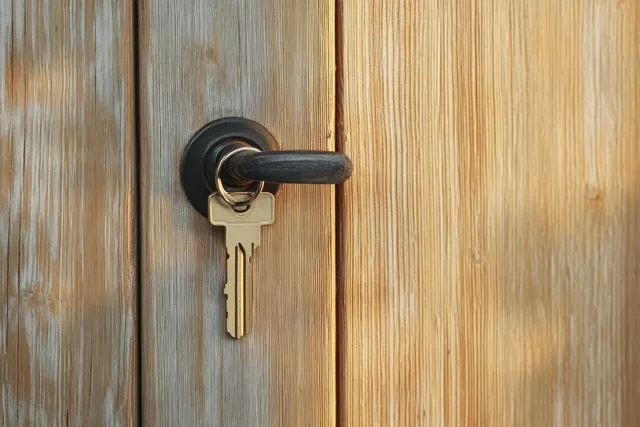 A brass key is inserted in a black door handle on a wooden door with warm sunlight and soft shadows.