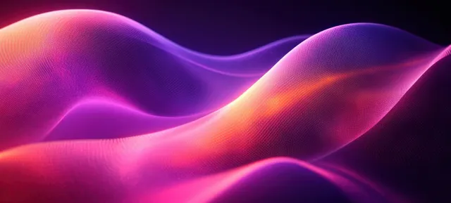 Glowing abstract wave ribbons in pink, purple, and orange light across a dark digital backdrop
